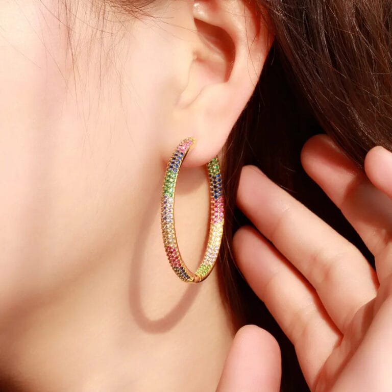 Rainbow Round Hoop Earrings-Gold