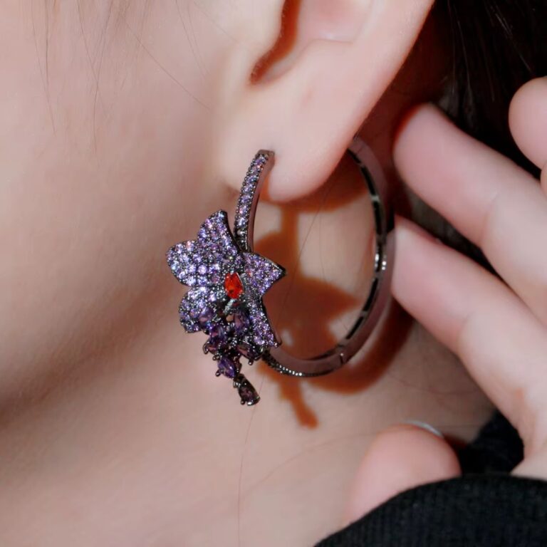 Flower Hoop Earrings - purple